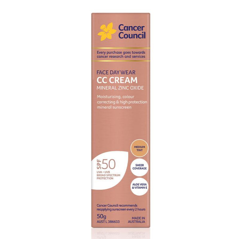 Cancer Council SPF 50 Face CC Cream Mineral Medium 50ml front image on Livehealthy HK imported from Australia