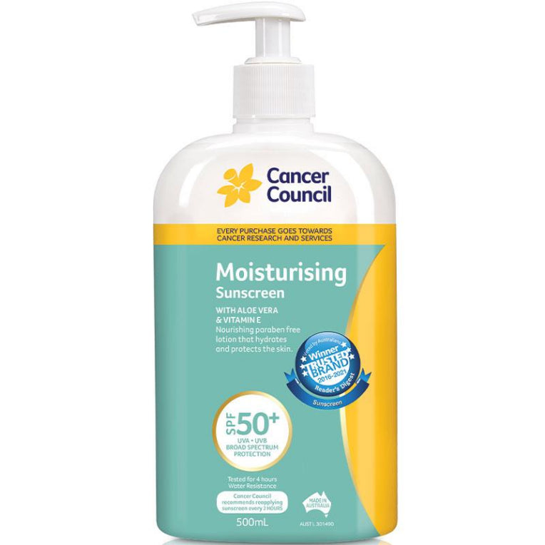 Cancer Council SPF 50+ Moisturising Sunscreen 500ml front image on Livehealthy HK imported from Australia