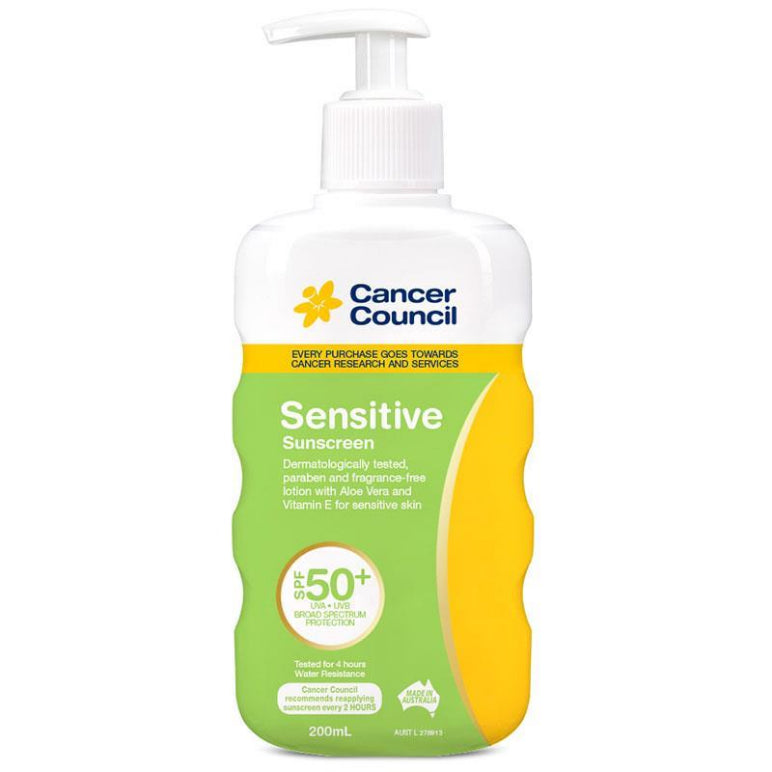 Cancer Council SPF 50+ Sensitive Pump 200ml front image on Livehealthy HK imported from Australia