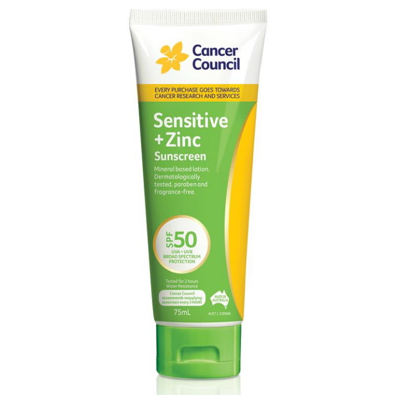 Cancer Council SPF 50+ Sensitive + Zinc 75ml front image on Livehealthy HK imported from Australia