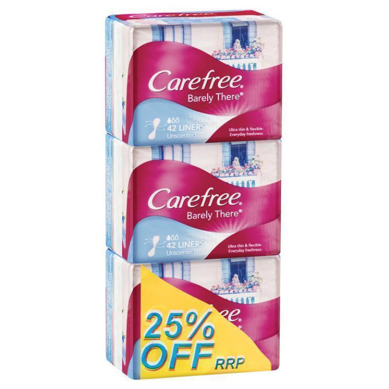 Carefree Barely There Unscented Panty Liners 3 x 42 Pack front image on Livehealthy HK imported from Australia