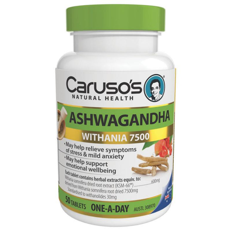 Carusos Ashwagandha 50 Tablets front image on Livehealthy HK imported from Australia
