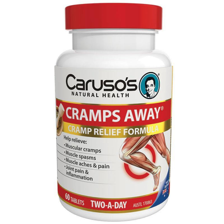 Carusos Cramps Away 60 Tablets front image on Livehealthy HK imported from Australia