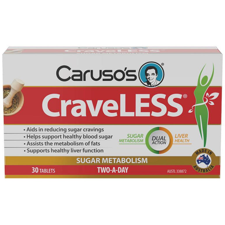 Carusos CraveLESS 30 Tablets front image on Livehealthy HK imported from Australia