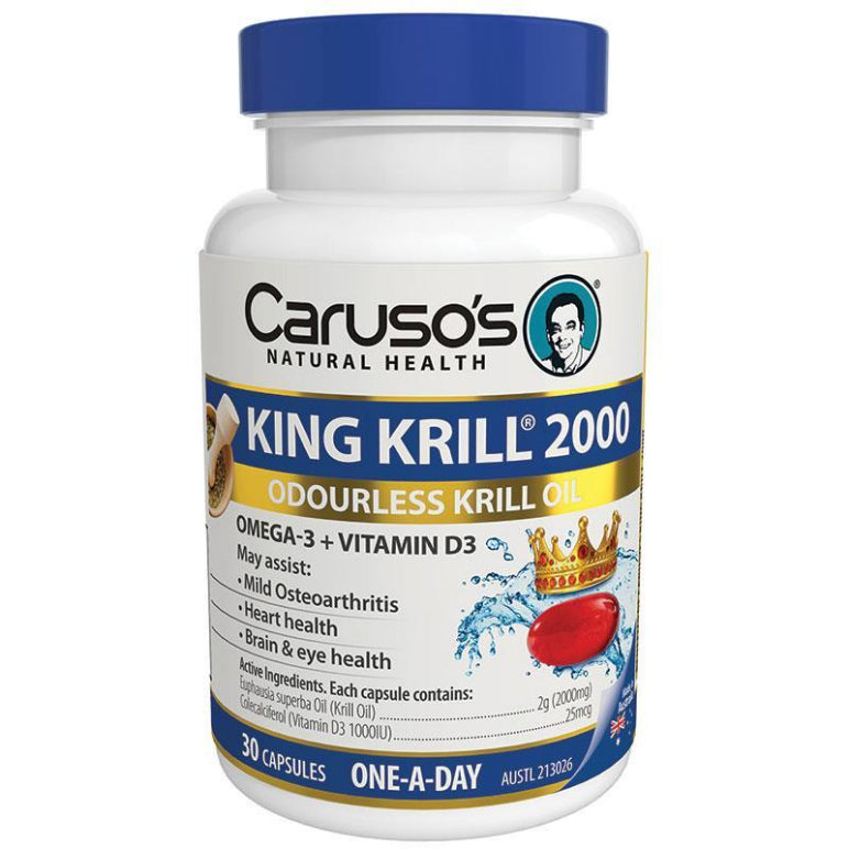 Carusos King Krill 2000mg + Vitamin D3 30 Capsules front image on Livehealthy HK imported from Australia