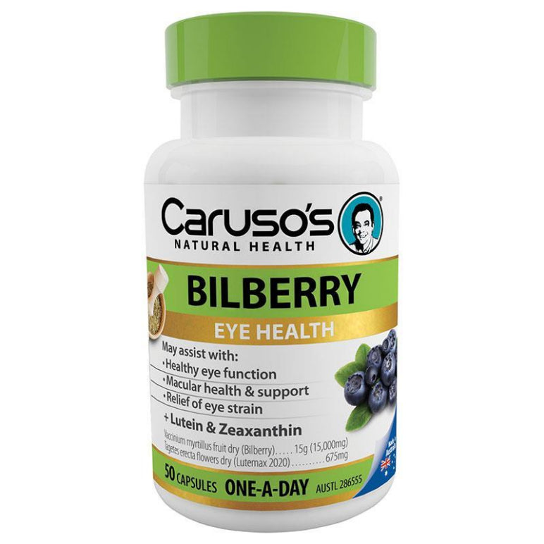 Carusos One a Day Bilberry 50 Capsules front image on Livehealthy HK imported from Australia