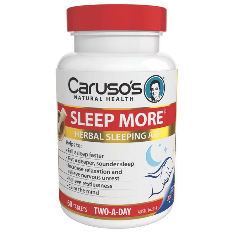 Carusos Sleep More 60 Tablets front image on Livehealthy HK imported from Australia