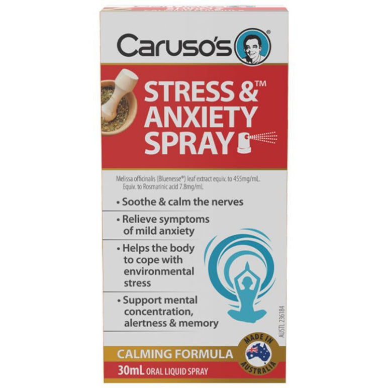 Carusos Stress and Anxiety Spray 30ml front image on Livehealthy HK imported from Australia