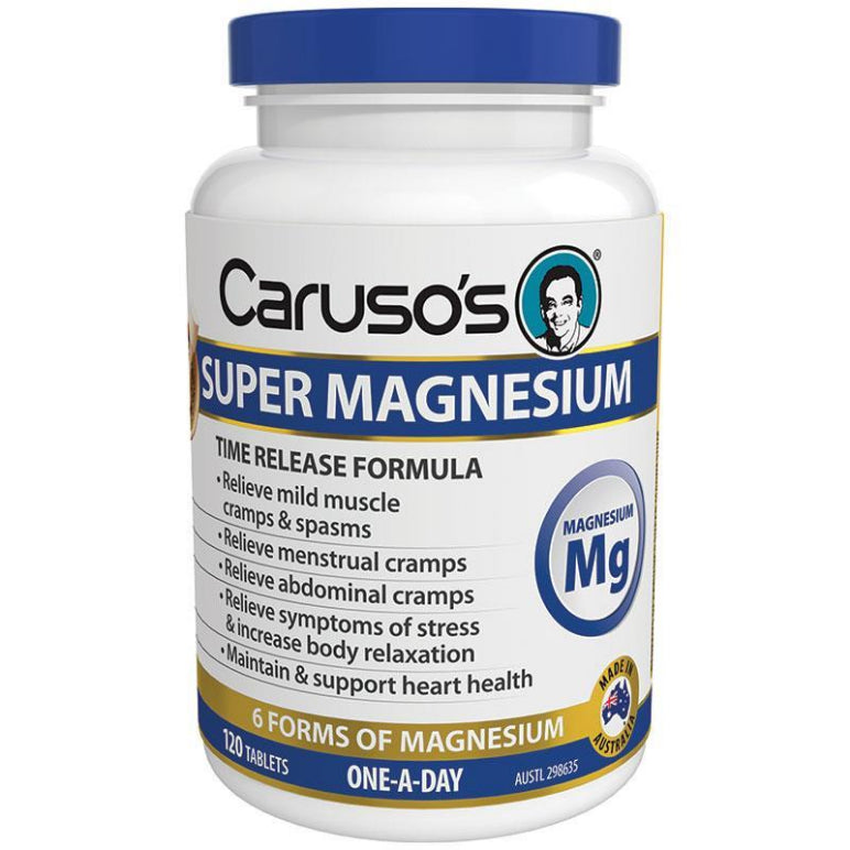 Carusos Super Magnesium 120 Tablets front image on Livehealthy HK imported from Australia