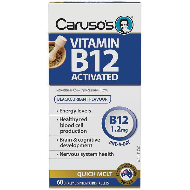 Carusos Vitamin B12 Activated 1200mcg 60 Orally Disintegrating Tablets front image on Livehealthy HK imported from Australia