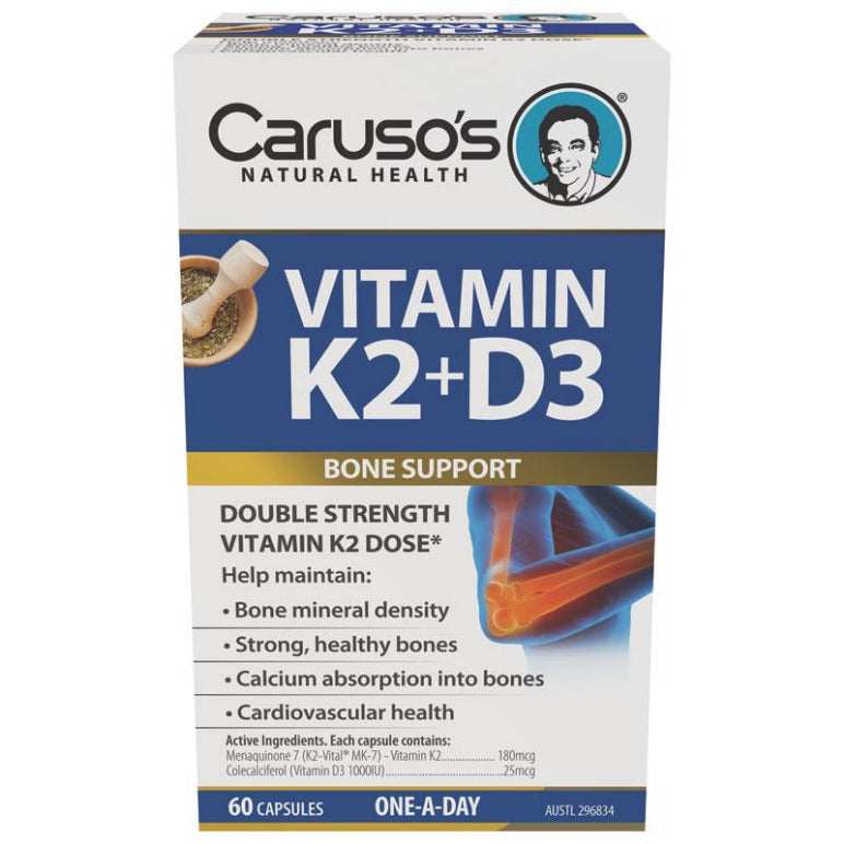 Carusos Vitamin K2 + D3 60 Capsules front image on Livehealthy HK imported from Australia