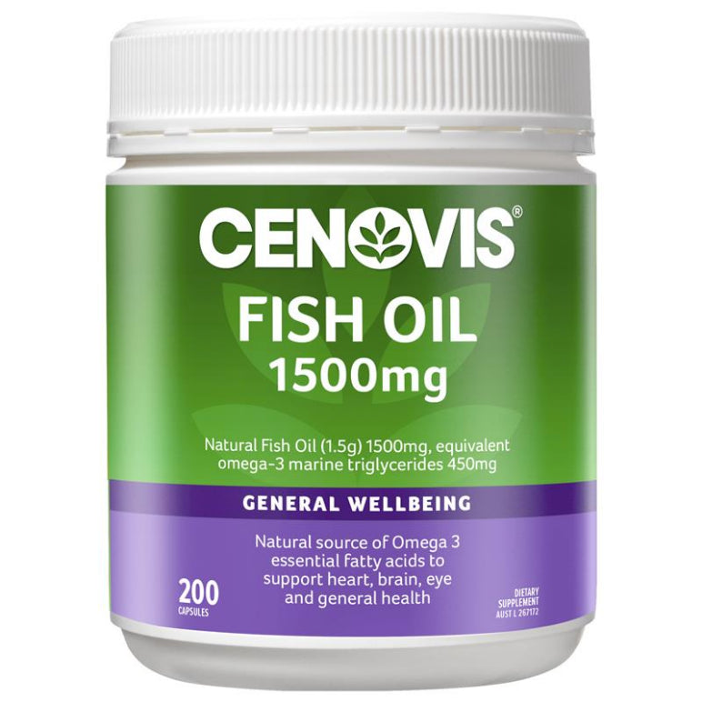 Cenovis Fish Oil 1500mg - with Omega 3 for Heart, Brain & Eye Health - Odourless - 200 Capsules front image on Livehealthy HK imported from Australia