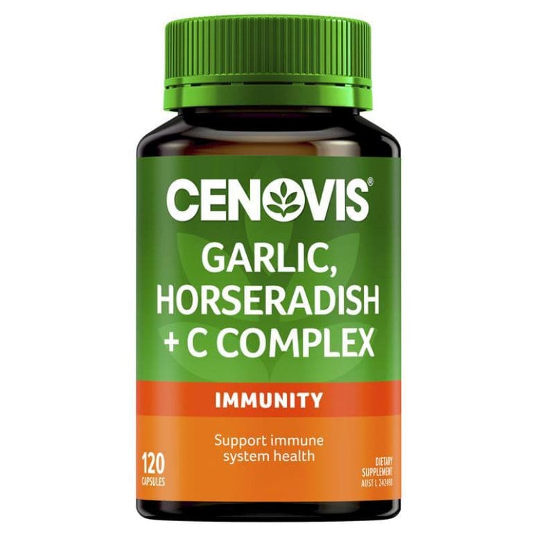 Cenovis Garlic, Horseradish + Vitamin C Complex for Immune Support 120 Capsules front image on Livehealthy HK imported from Australia