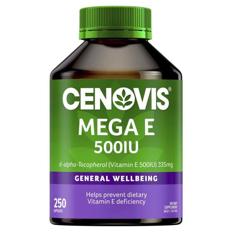 Cenovis Mega Vitamin E 500IU 250 Capsules front image on Livehealthy HK imported from Australia