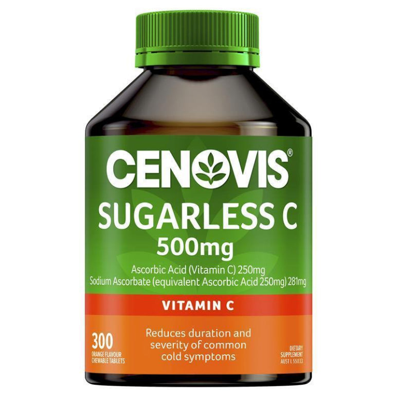 Cenovis Sugarless Vitamin C for Immune Support 500mg - 300 Orange Flavour Chewable Tablets front image on Livehealthy HK imported from Australia
