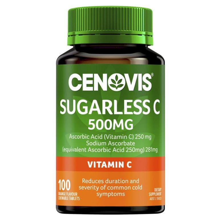 Cenovis Sugarless Vitamin C for Immune Support 500mg - 100 Orange Flavour Chewable Tablets front image on Livehealthy HK imported from Australia