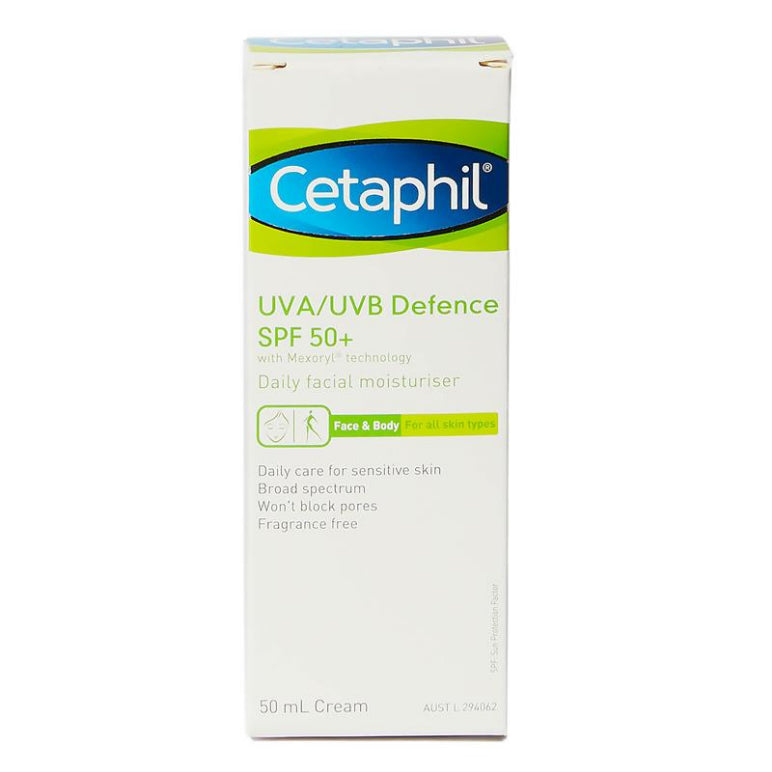 Cetaphil UVA/UVB Defence SPF 50+ 50mL front image on Livehealthy HK imported from Australia