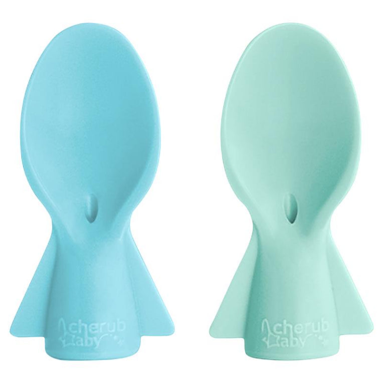Cherub Baby Universal Food Pouch Spoons Blue & Green 2 Pack front image on Livehealthy HK imported from Australia