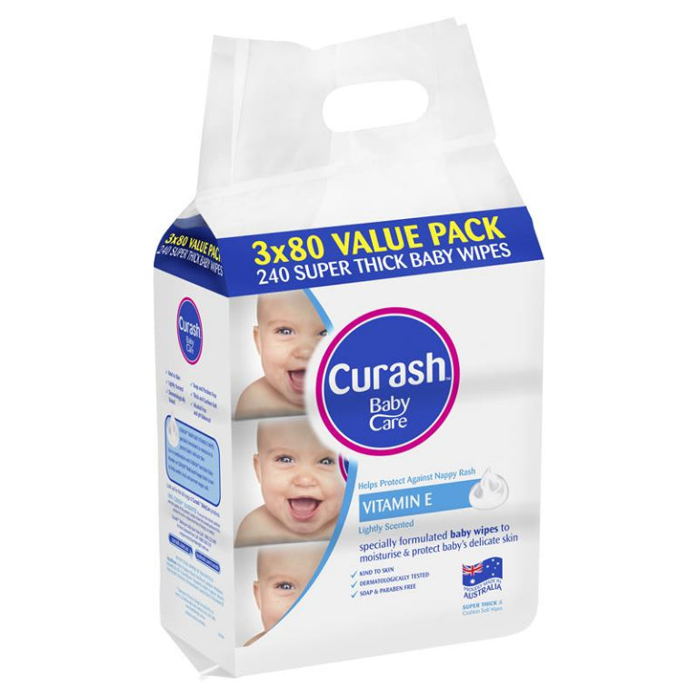 Curash Baby Wipes Original Vitamin E 3 x 80 Bulk Pack front image on Livehealthy HK imported from Australia