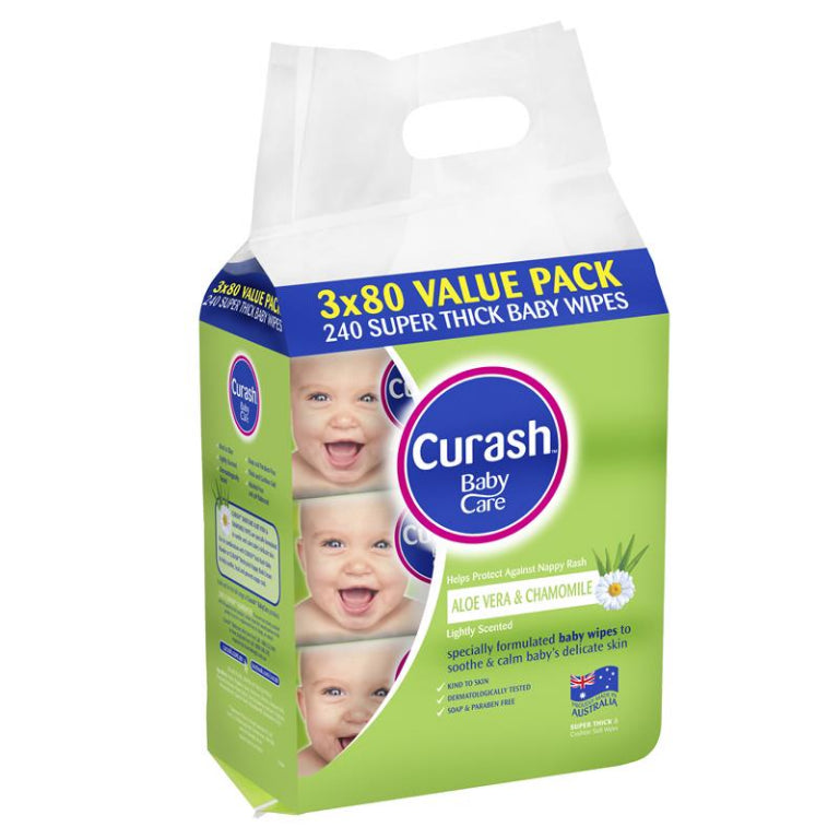 Curash Babycare Aloe Vera & Chamomile Wipes 3 x 80 front image on Livehealthy HK imported from Australia