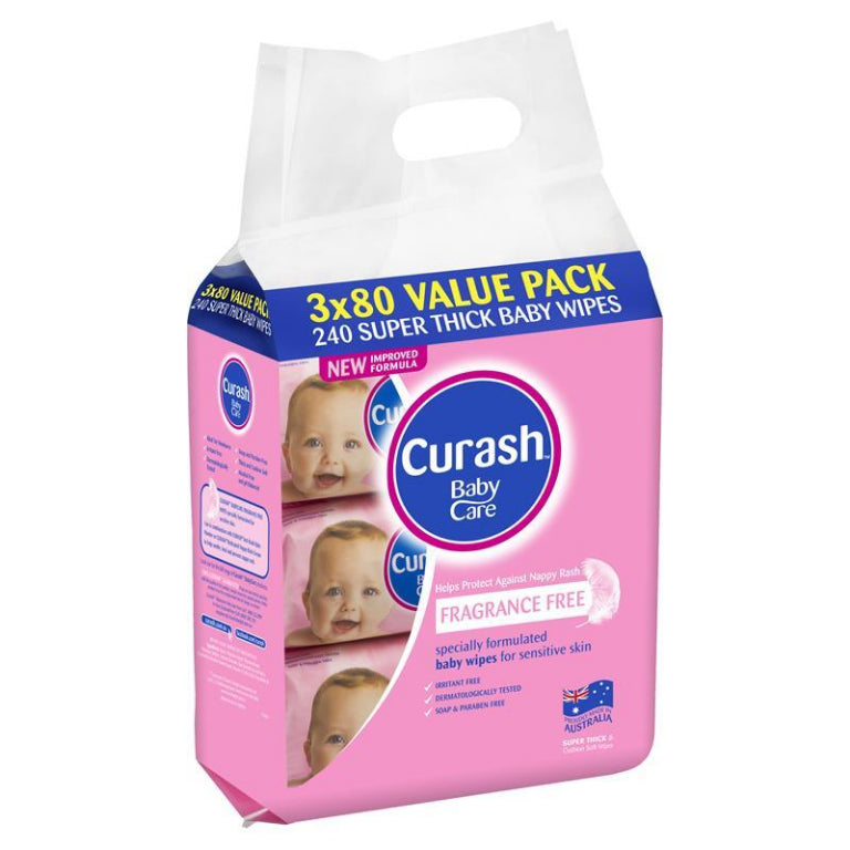 Curash Babycare Fragrance Free Wipes 3 x 80 front image on Livehealthy HK imported from Australia