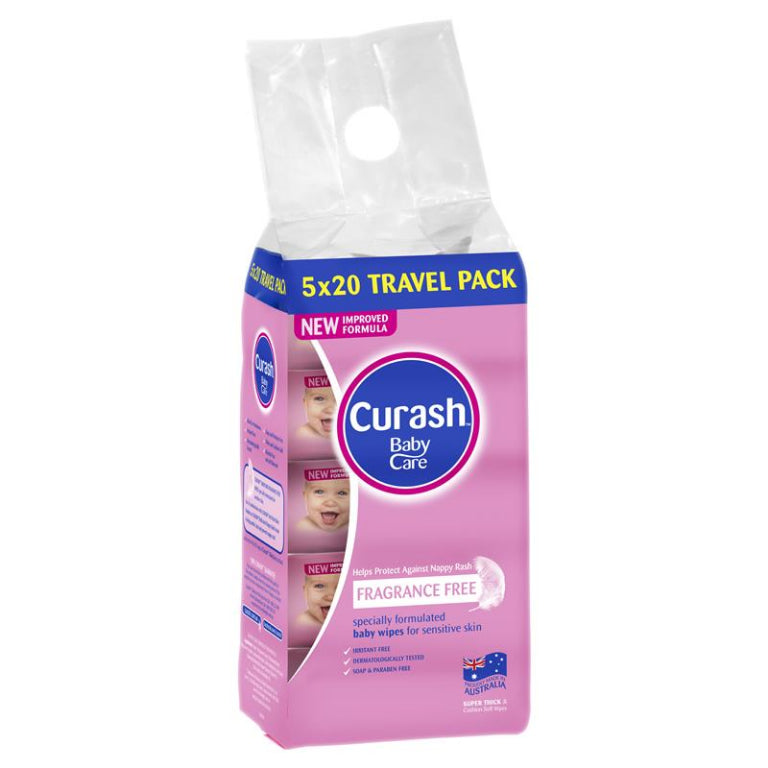 Curash Babycare Fragrance Free Wipes 5 x 20 front image on Livehealthy HK imported from Australia
