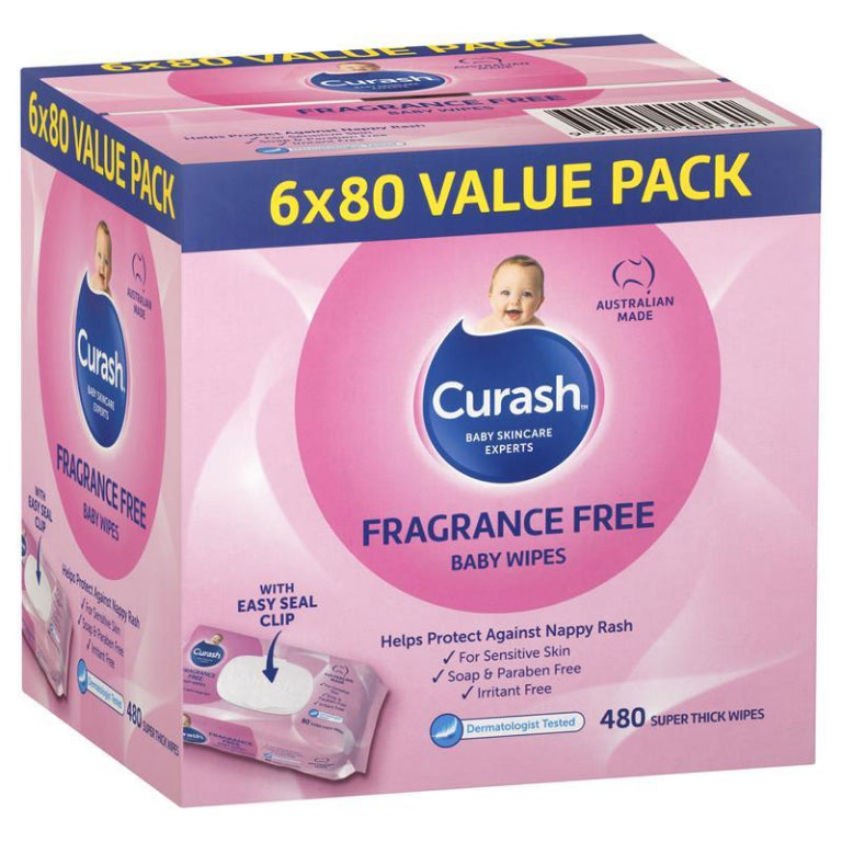 Curash Babycare Fragrance Free Wipes 6 x 80 front image on Livehealthy HK imported from Australia