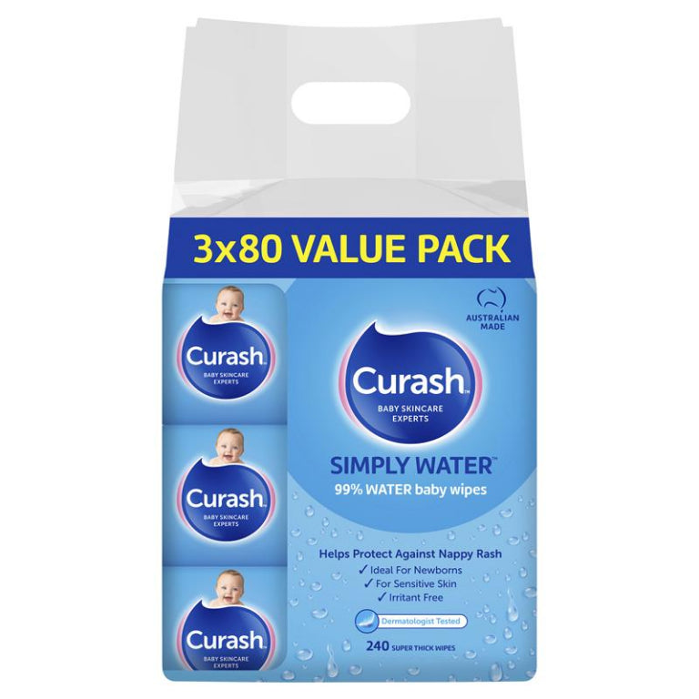 Curash Babycare Simply Water Wipes 3 x 80 front image on Livehealthy HK imported from Australia