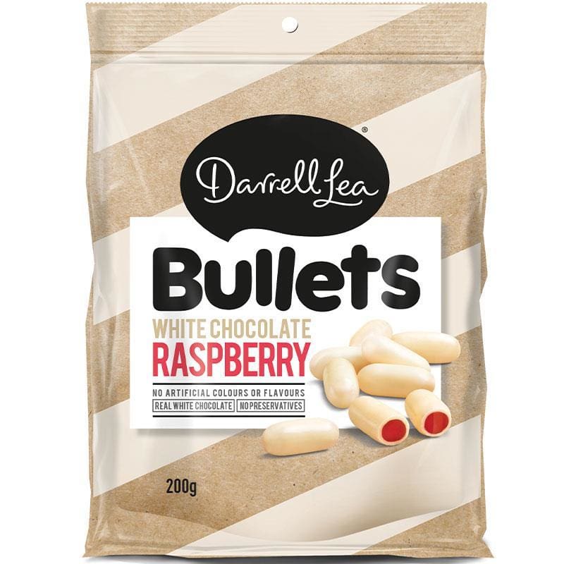 Darrell Lea White Choc Raspberry Bullets 200g front image on Livehealthy HK imported from Australia