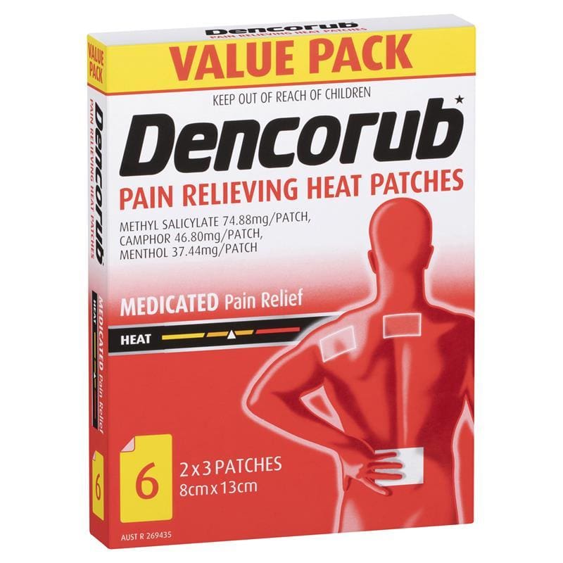 Dencorub Pain Relieving Heat Patches Value 6 Pack front image on Livehealthy HK imported from Australia