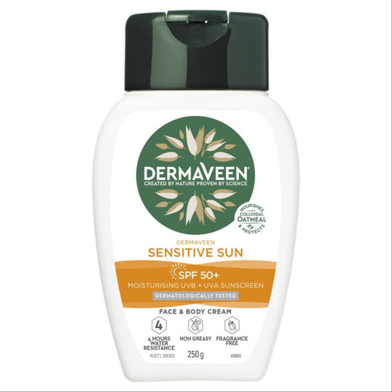 Dermaveen Sensitive Sun SPF 50+ Moisturising Face & Body Cream 250g front image on Livehealthy HK imported from Australia