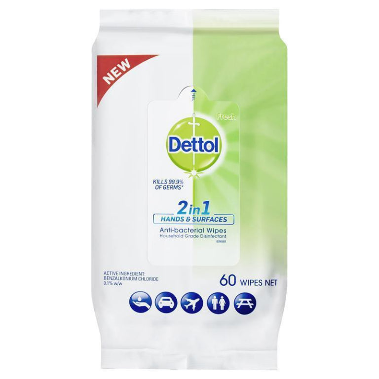 Dettol 2in1 Hands & Surfaces Antibacterial 60 Wipes front image on Livehealthy HK imported from Australia