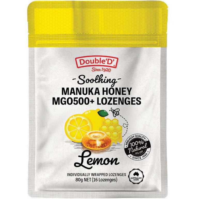 Double D Manuka Honey Lozenges Lemon 16 Pack front image on Livehealthy HK imported from Australia