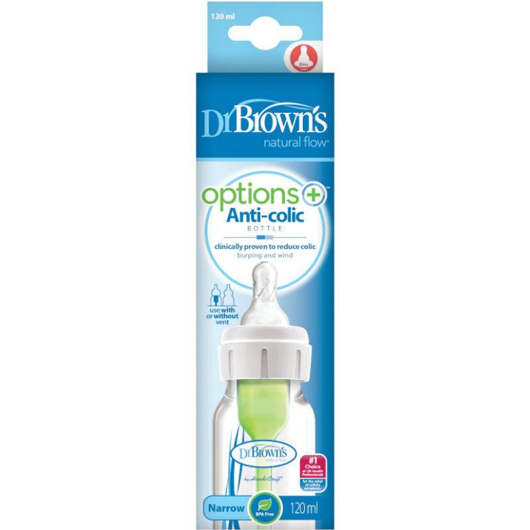 Dr Browns Options Anti-Colic With Level 1 Teat Narrow Neck Feeding Bottle 120ml 1 Pack front image on Livehealthy HK imported from Australia
