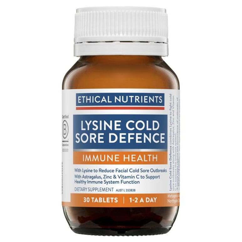 Ethical Nutrients Lysine Cold Sore Defence 30 Tablets front image on Livehealthy HK imported from Australia