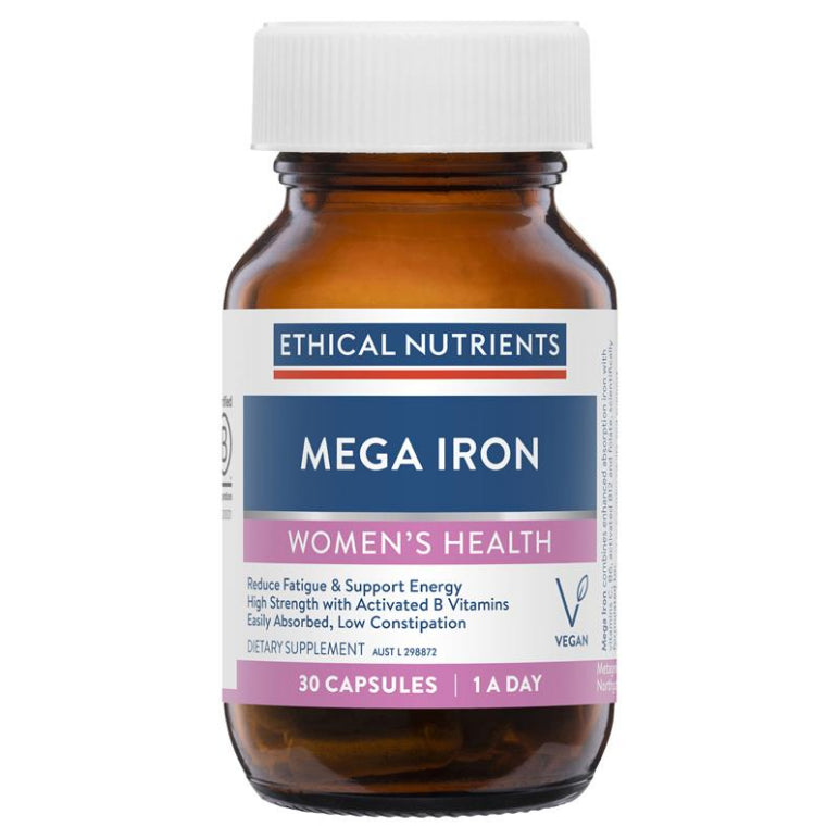 Ethical Nutrients Mega Iron with Activated B Vitamin 30 Capsules front image on Livehealthy HK imported from Australia