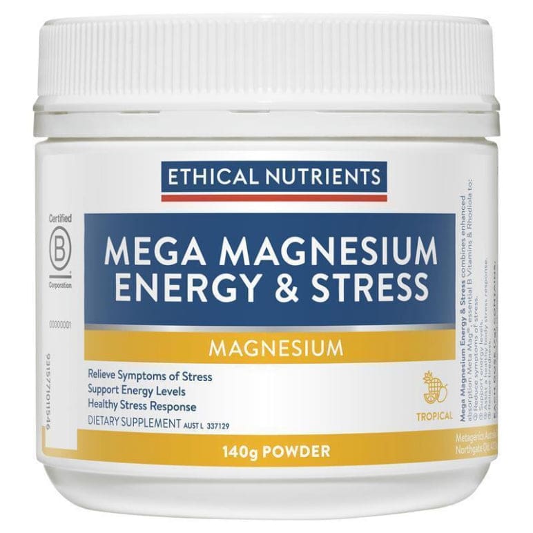 Ethical Nutrients Mega Magnesium Energy and Stress 140g front image on Livehealthy HK imported from Australia
