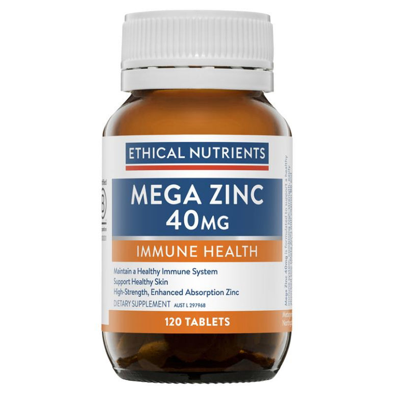 Ethical Nutrients Mega Zinc 40mg 120 Tablets front image on Livehealthy HK imported from Australia