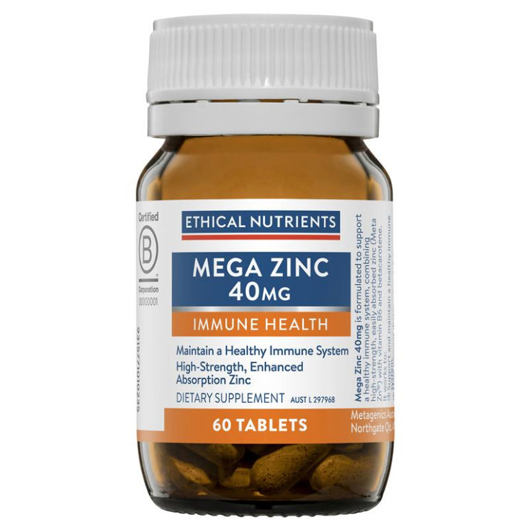 Ethical Nutrients Mega Zinc 40mg 60 Tablets front image on Livehealthy HK imported from Australia
