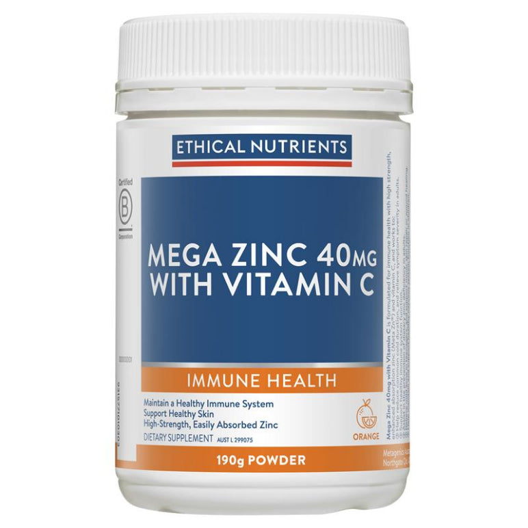 Ethical Nutrients Mega Zinc Powder 40mg (Orange) 190g front image on Livehealthy HK imported from Australia