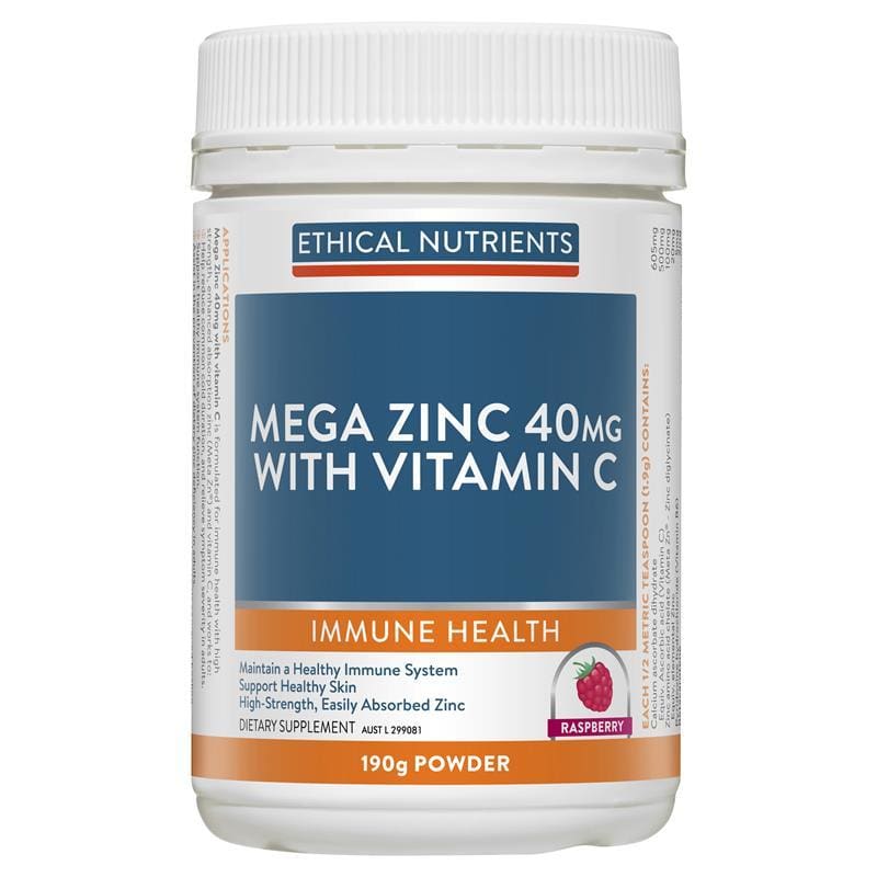 Ethical Nutrients Mega Zinc Powder 40mg (Raspberry) 190g front image on Livehealthy HK imported from Australia