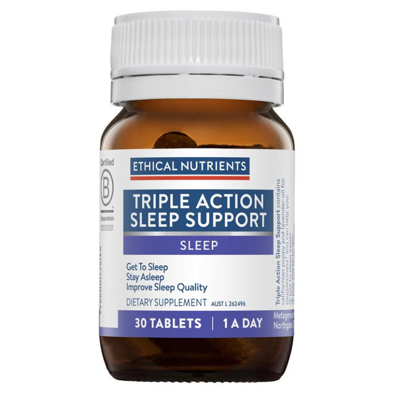 Ethical Nutrients Triple Action Sleep Support 30 Tablets front image on Livehealthy HK imported from Australia