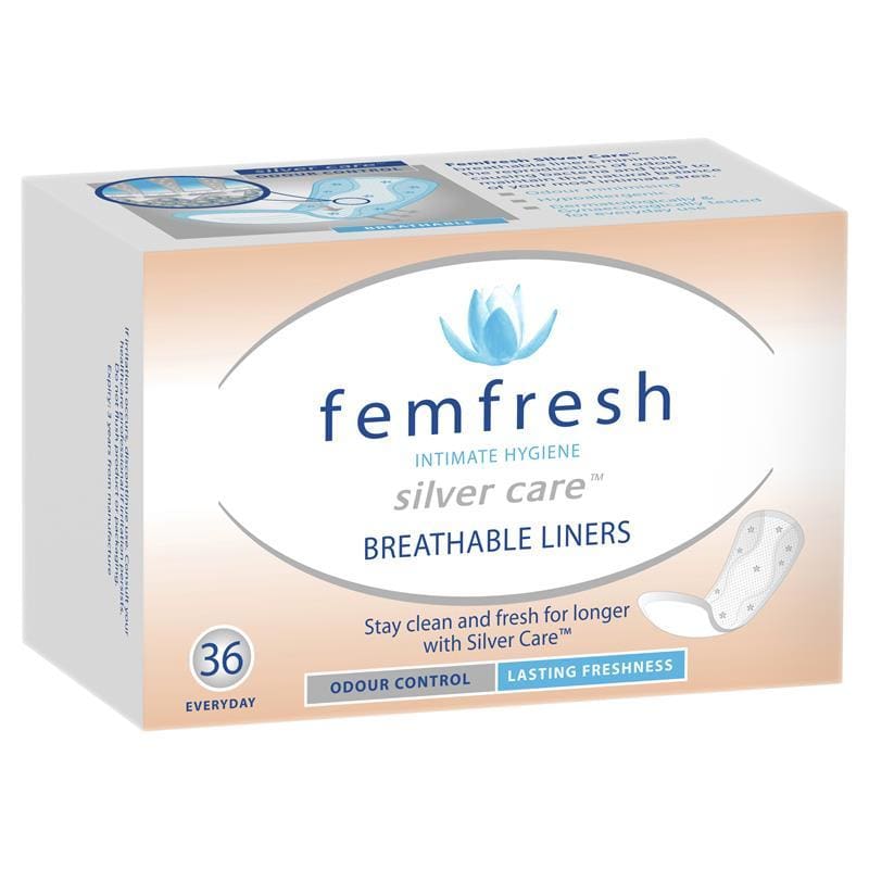 Femfresh Silvercare Panty Liners Breathable 36 Pack front image on Livehealthy HK imported from Australia