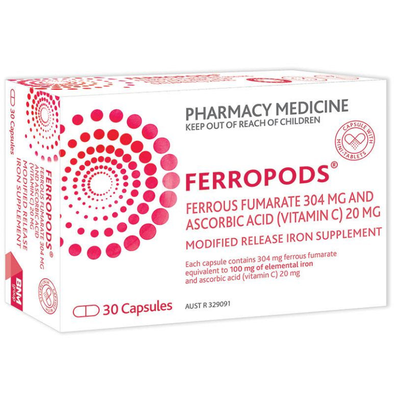 Ferropods Iron & Vitamin C 30 Capsules front image on Livehealthy HK imported from Australia