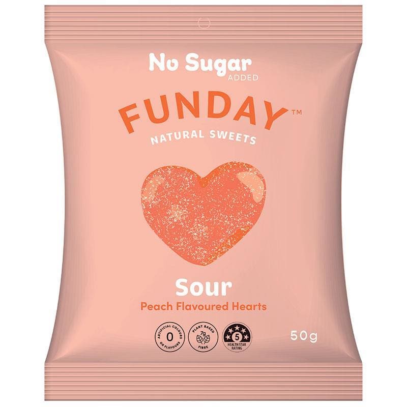 Funday Sour Peach Flavoured Hearts 50g front image on Livehealthy HK imported from Australia