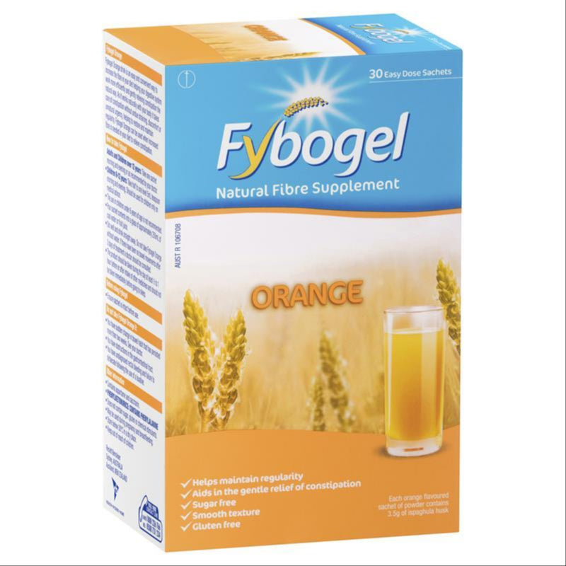 Fybogel Fibre Constipation Relief Supplement Sachets Orange 30 pack front image on Livehealthy HK imported from Australia