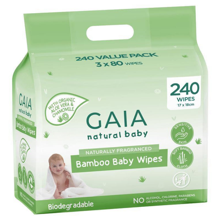 Gaia Natural Baby Bamboo Wipes 240 front image on Livehealthy HK imported from Australia