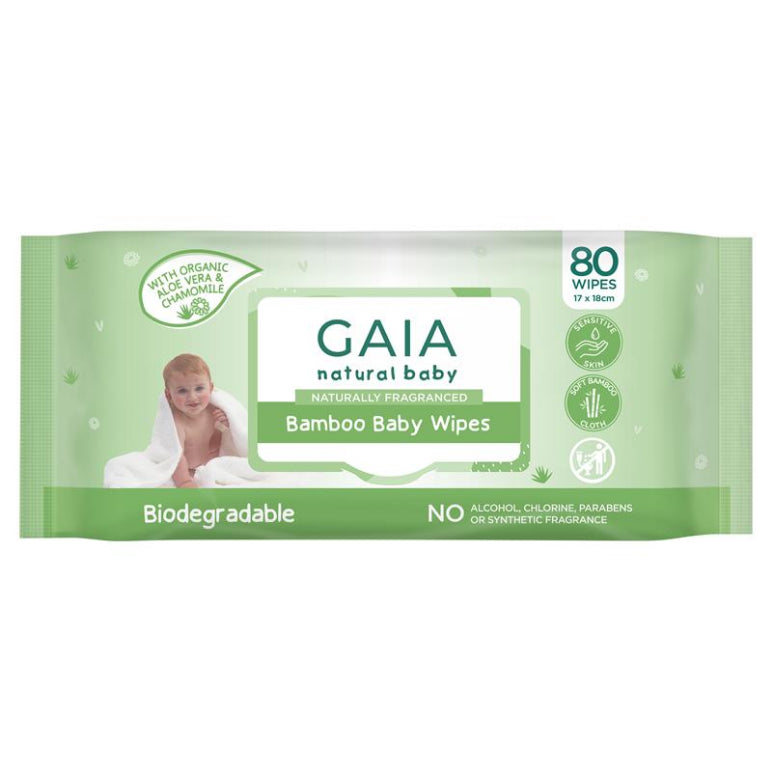 Gaia Natural Baby Bamboo Wipes 80 front image on Livehealthy HK imported from Australia