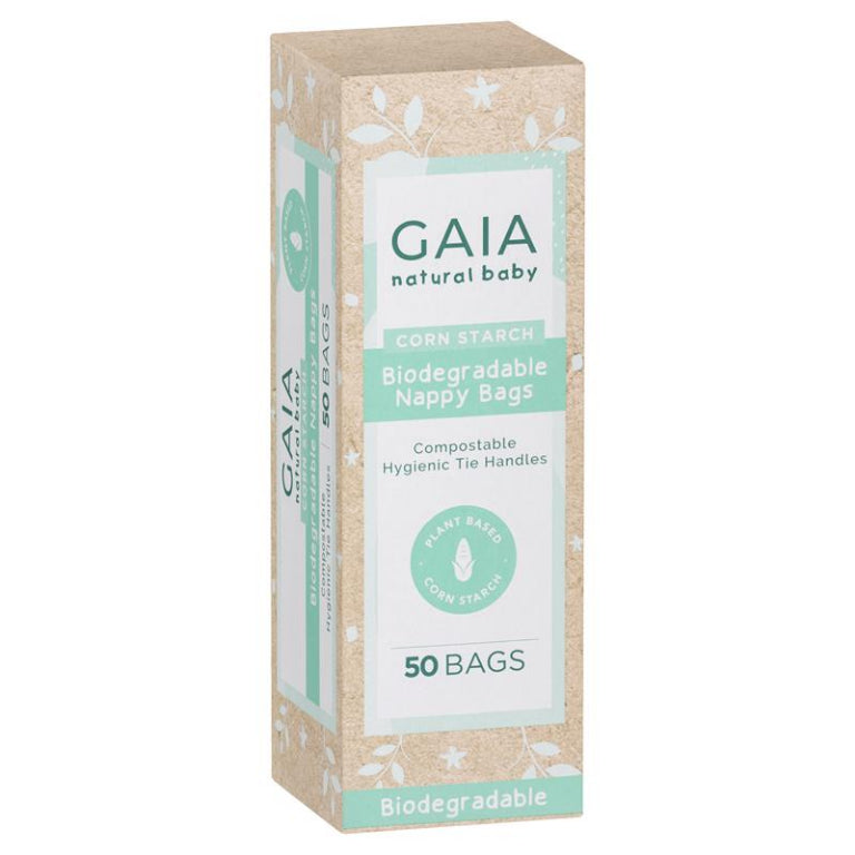 Gaia Natural Baby Biodegradable Nappy Bags 50 Pack front image on Livehealthy HK imported from Australia