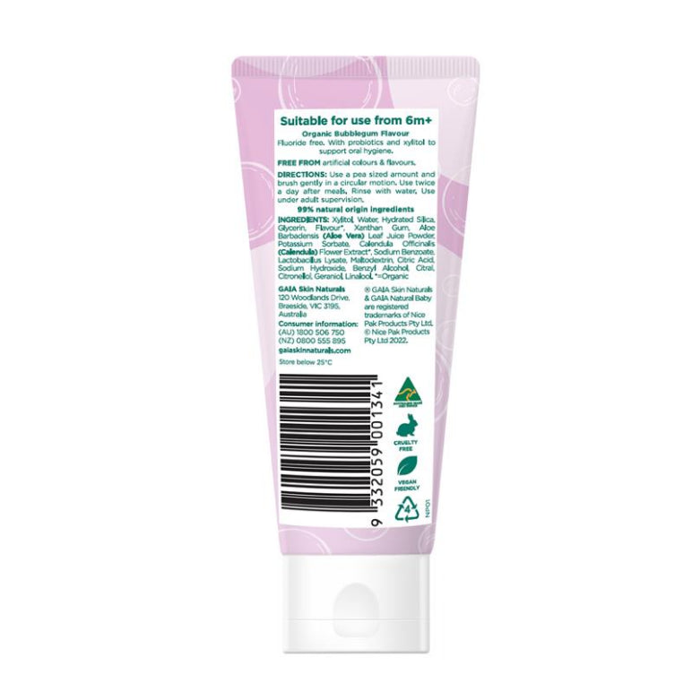 Gaia Natural Baby Probiotic Toothpaste Bubblegum 50g front image on Livehealthy HK imported from Australia
